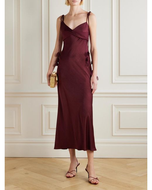 Self-Portrait Georgette-Trimmed Draped Satin Midi Dress in Red | Lyst outfit inspiration
