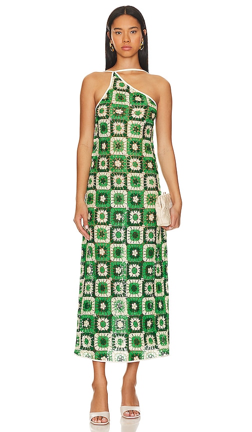 Johanna Ortiz green and cream one-shoulder crochet maxi dress