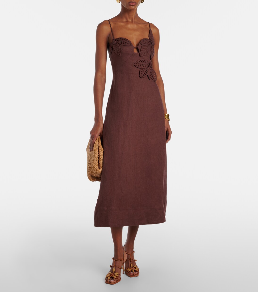 Farm Rio brown linen midi dress with floral appliqué