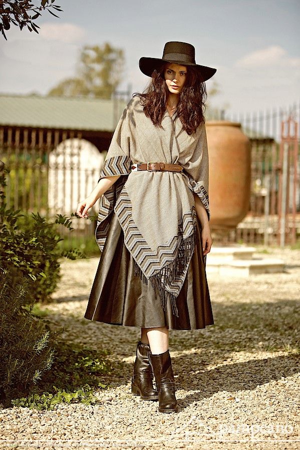 Chufy belted poncho vest, flowing skirt, hat and boots