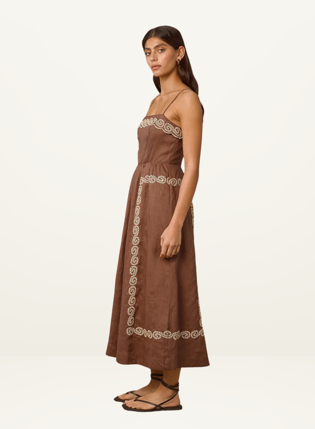 Mon Renn cocoa linen midi dress with cream embroidery