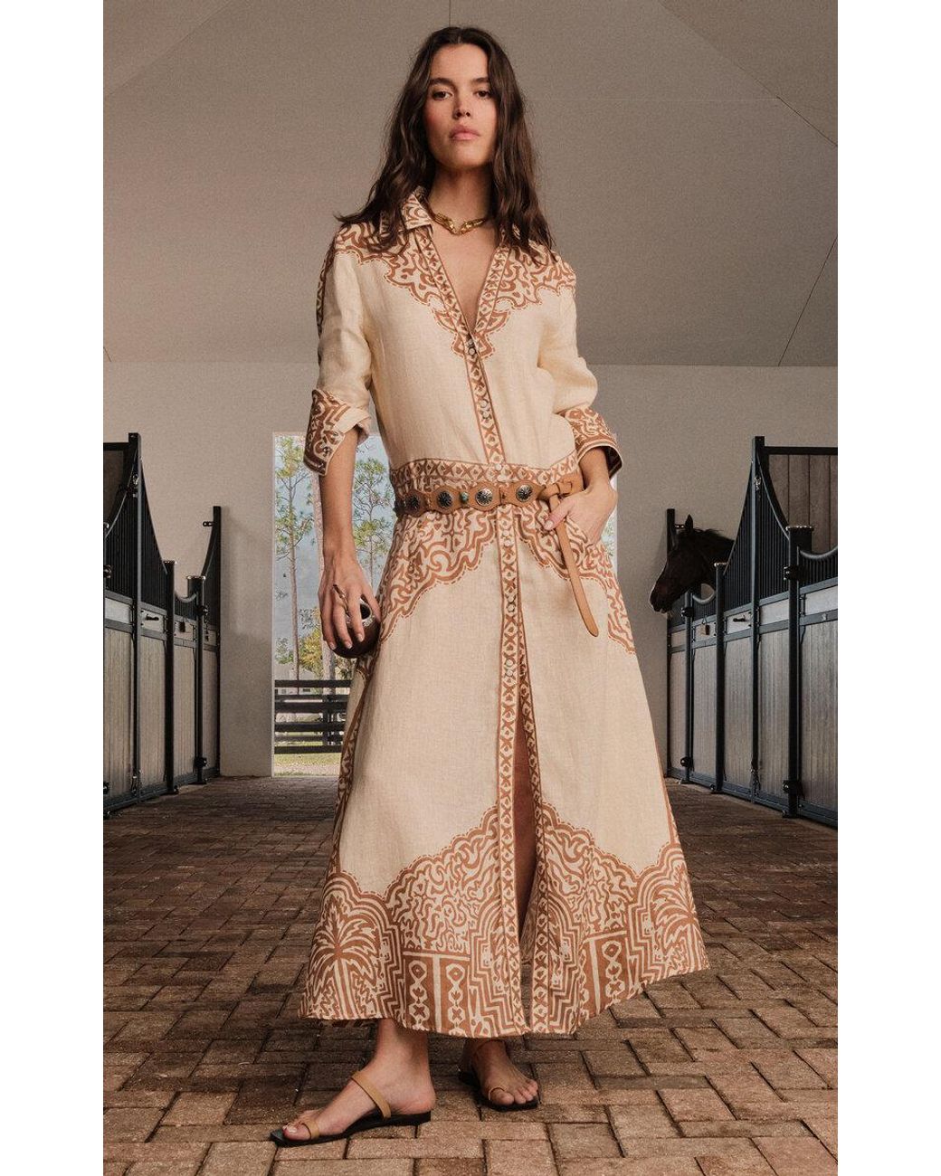 Johanna Ortiz embroidered linen dress with a statement belt