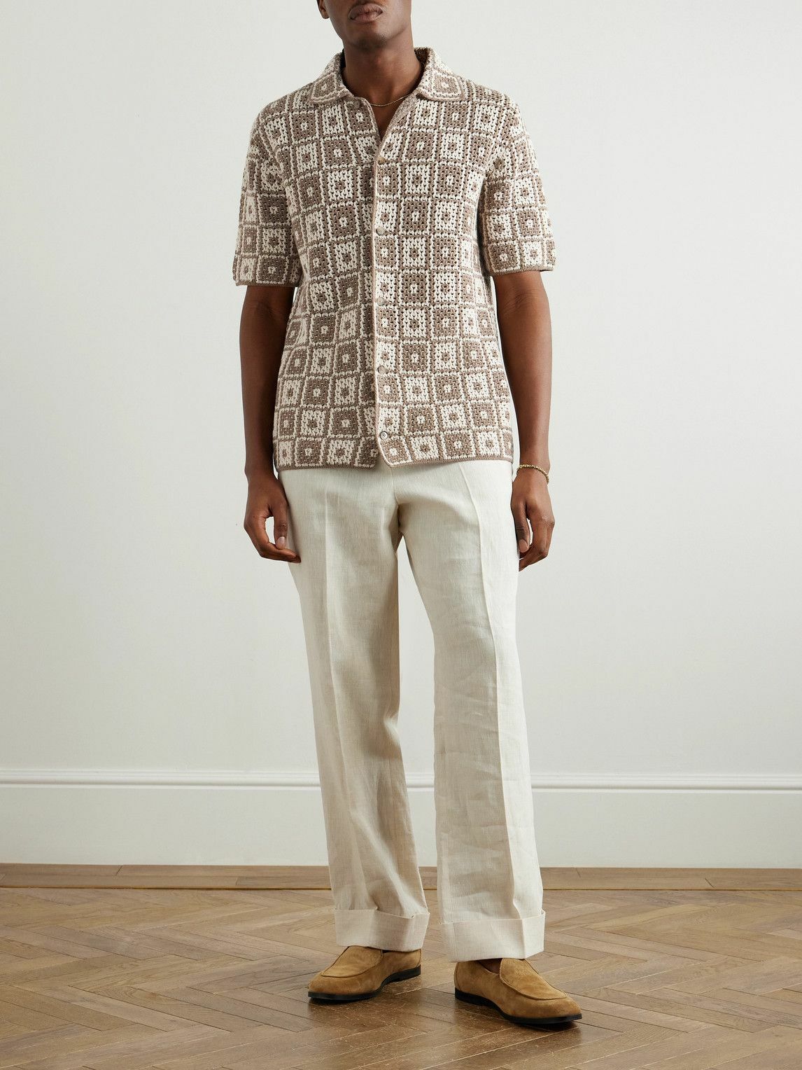 Altea sand and cream patterned crochet shirt with linen trousers and suede loafers