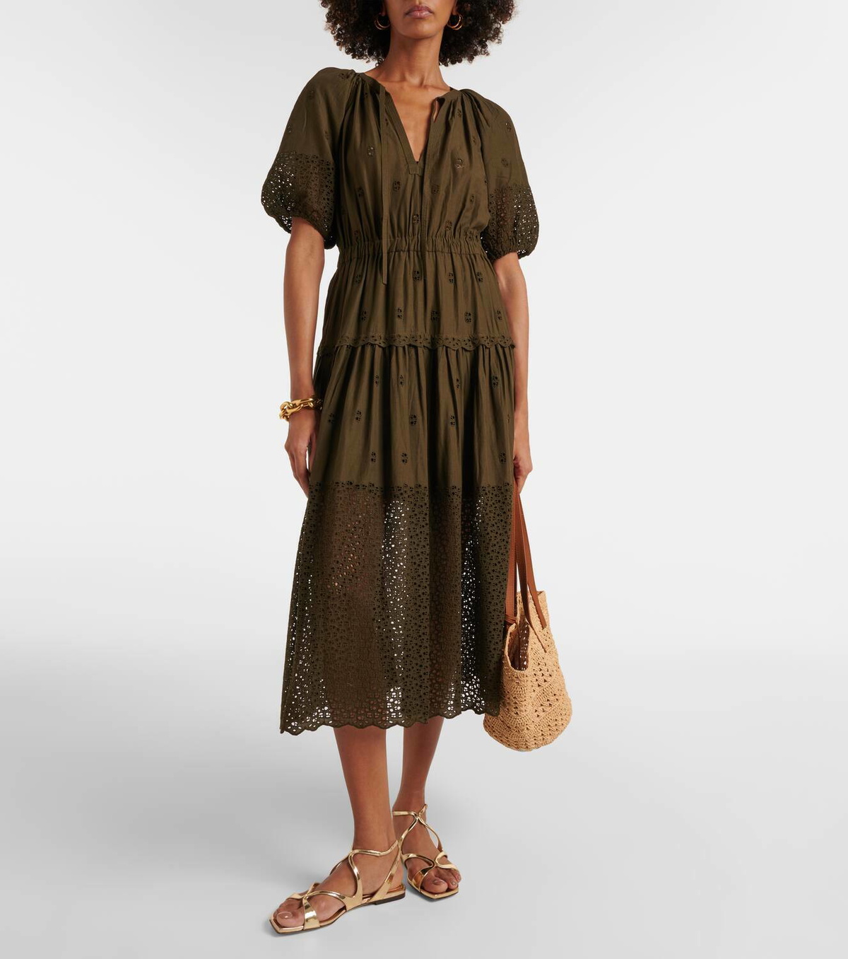 Ulla Johnson olive cotton eyelet midi dress