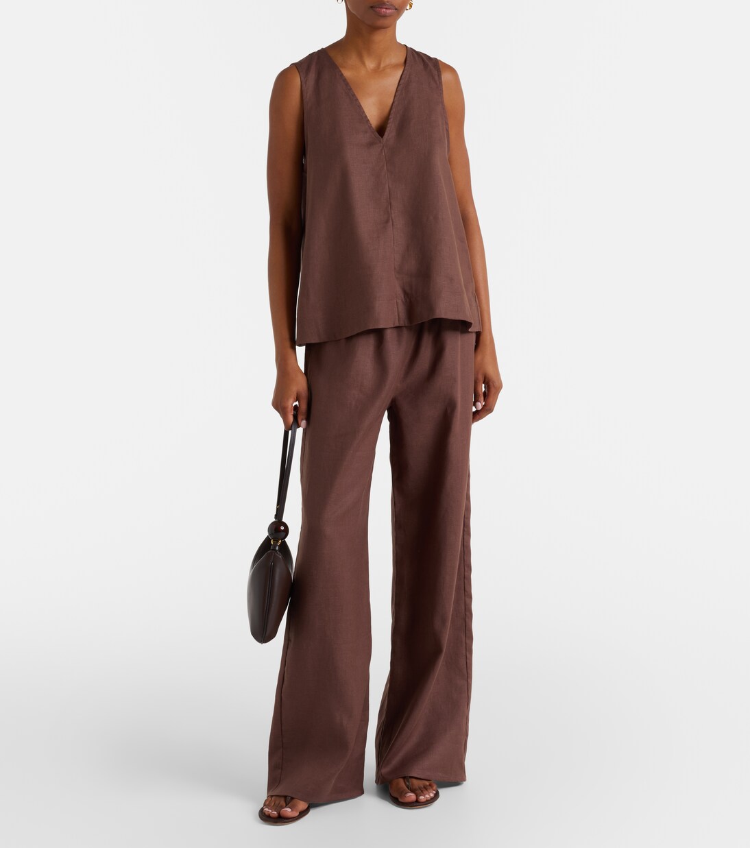 Asceno chocolate linen sleeveless top and wide-leg trousers
