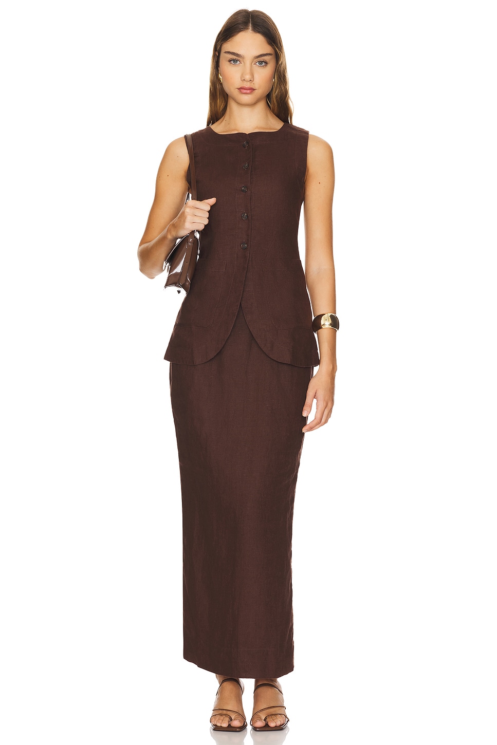 Posse chocolate linen waistcoat and matching long skirt