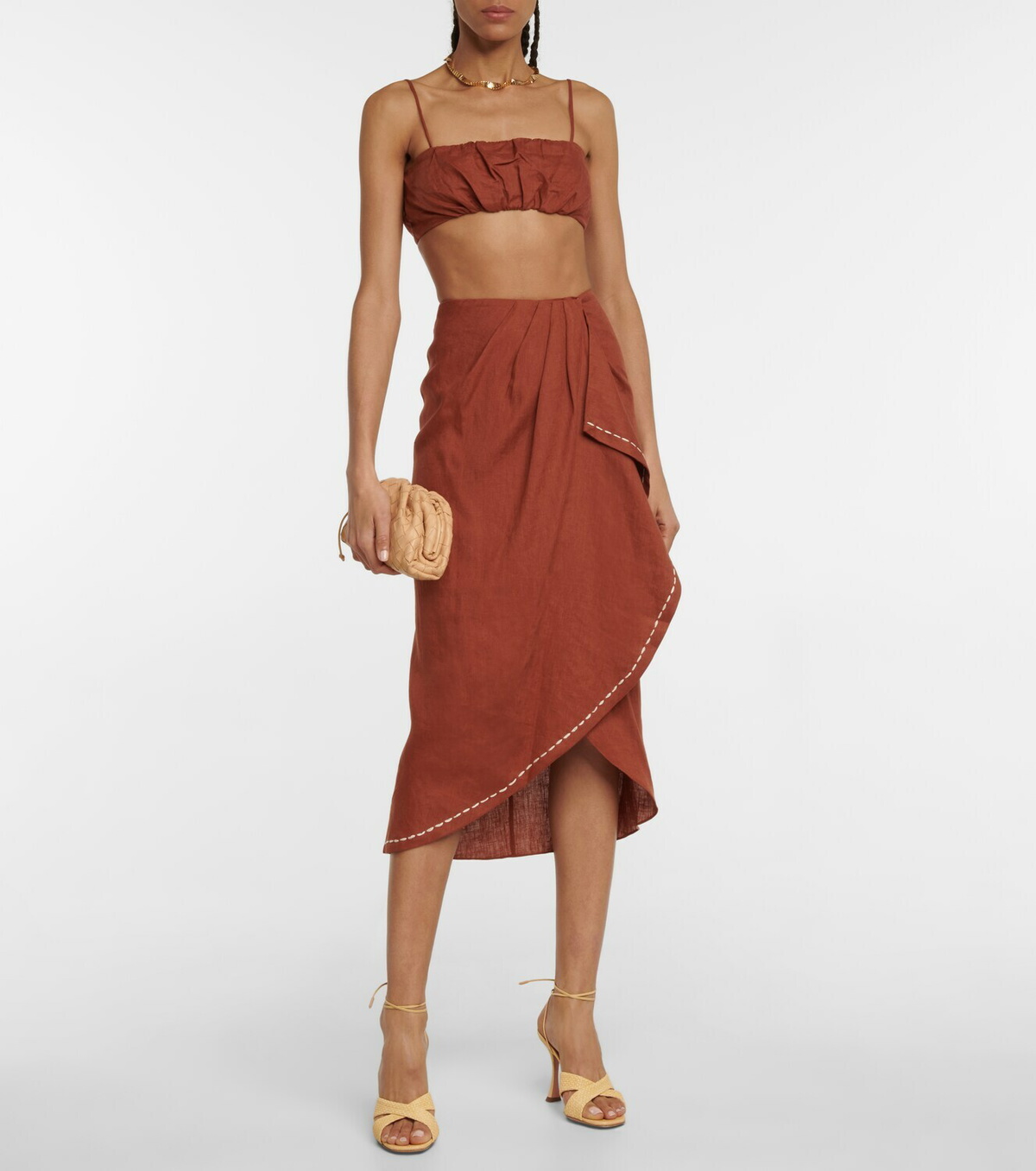 Johanna Ortiz rust linen bandeau and flowing wrap skirt