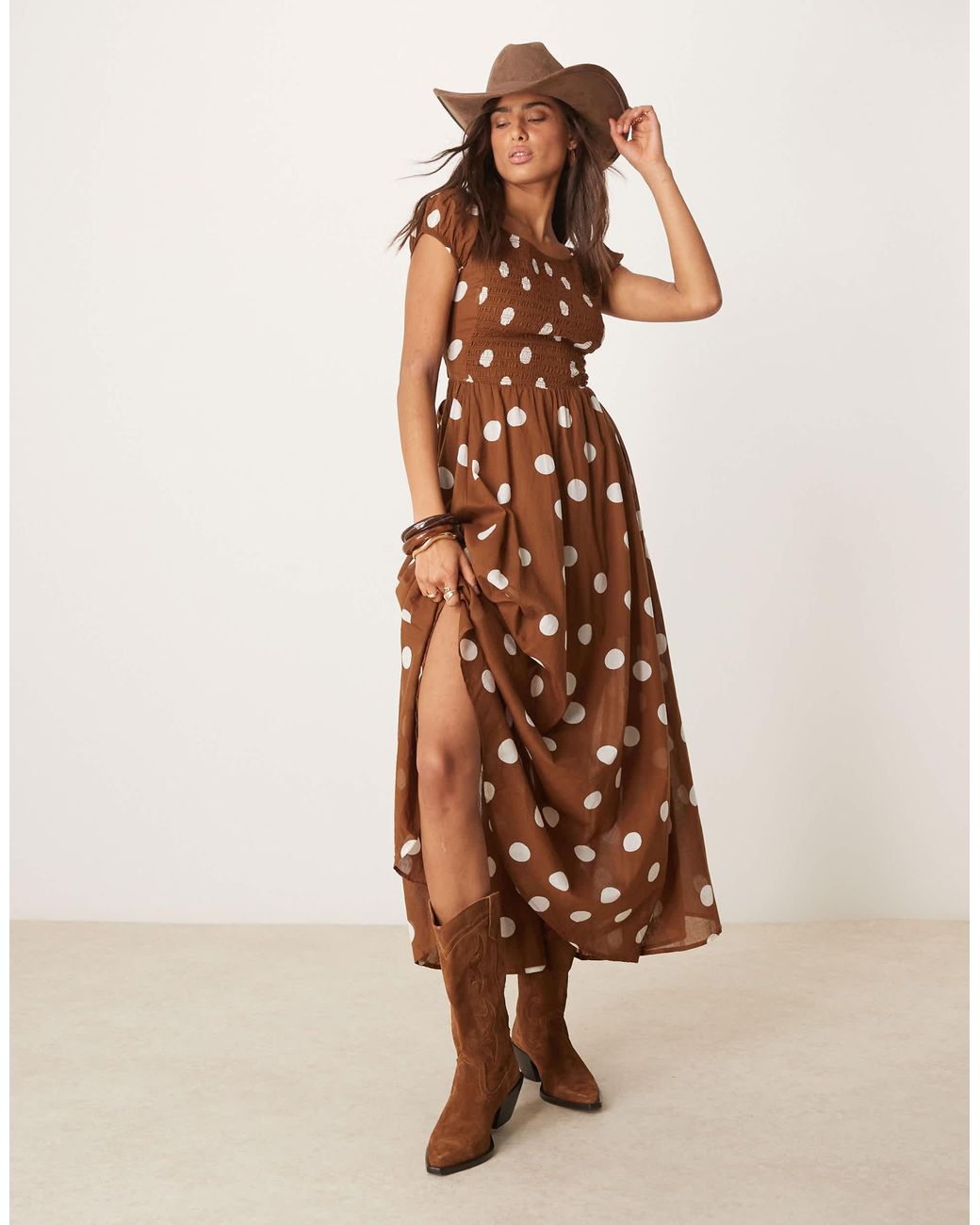 Free People Ultraviolet Polka Dot Shirred Bust Midaxi Dress in Natural | Lyst outfit inspiration