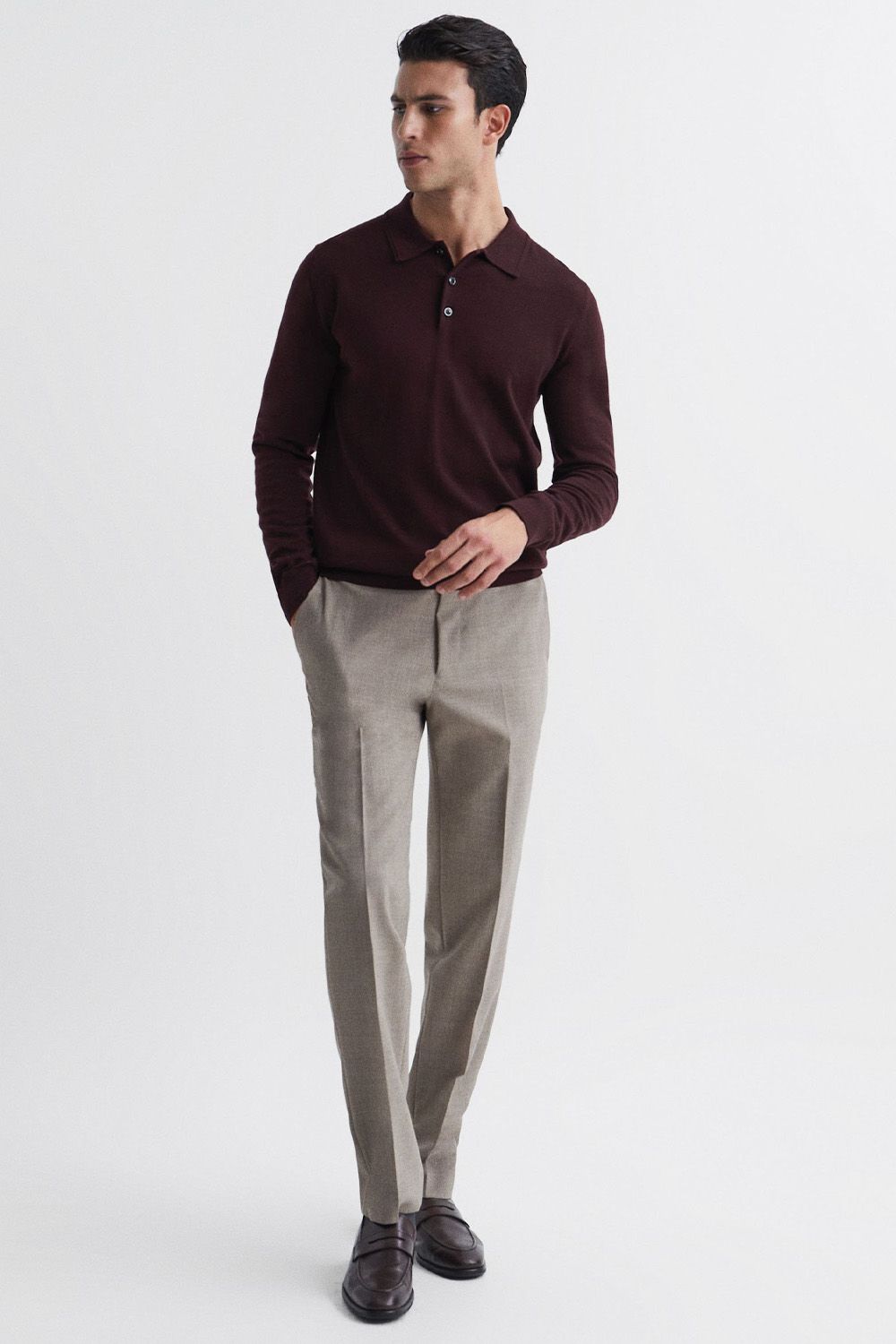 Men's brown tailored trosuers, burgundy knitted polo shirt and brown leather penny loafer… | Polo shirt outfits, Mens business casual outfits, Polo shirt outfit men outfit inspiration