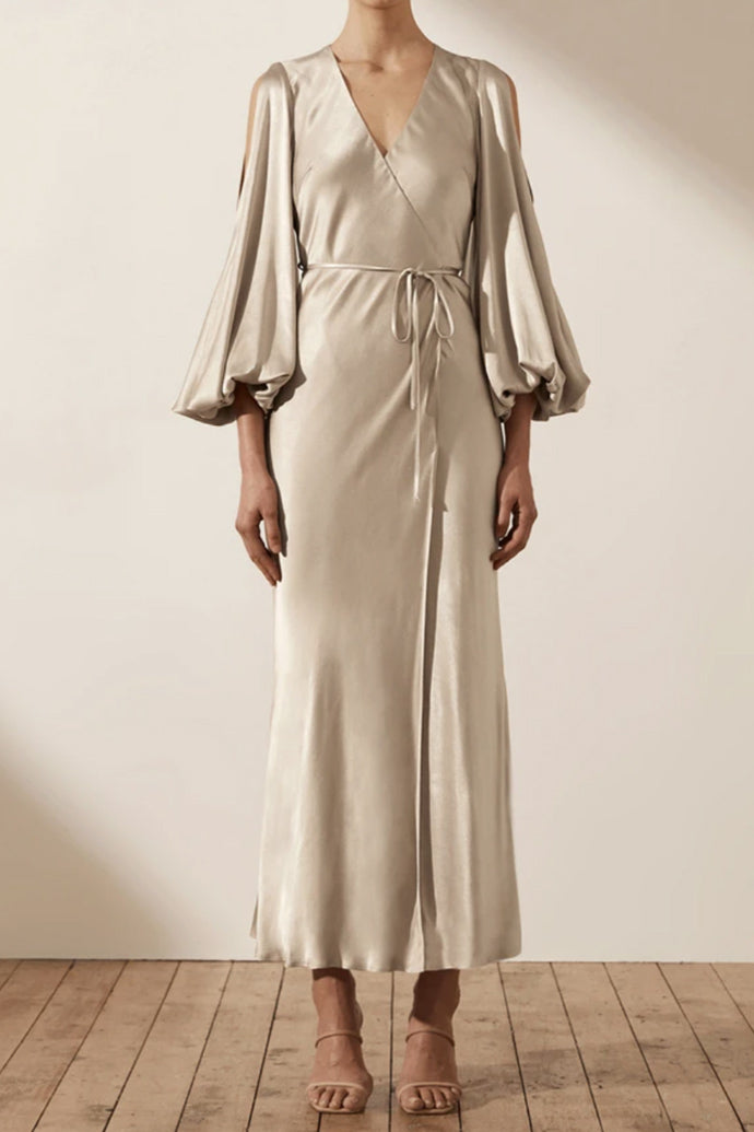 La Lune Full Sleeve Wrap Midi Gold By Shona Joy for SALE | High St. Hire outfit inspiration